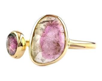14K Gold Watermelon Tourmaline Cuff Ring: Bi-Color Gemstone Jewelry