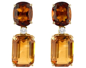 Natural Gemstone Dangle Earrings, Natural Citrine Diamond Earrings, Solid 18K Yellow Gold Earrings, Three Stone Earrings, Valentine&#39;s Gifts