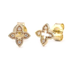 14K Gold Petite Diamond Clover Stud Earrings, Genuine Diamond Studs Earrings, Minimalist Gold Earrings, Flower Earrings, Anniversary Gifts