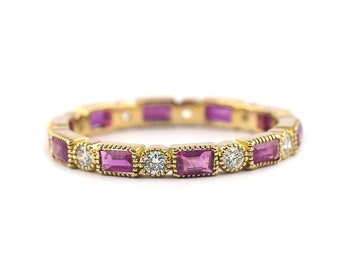 14K Solid Gold Baguette Ruby and Diamond Eternity Band: Milgrain Wedding Ring