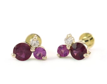 Ruby Diamond Studs: 14K Solid  Yellow Gold Three Stone Earrings