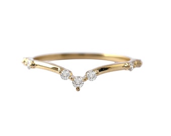 Natural Diamond Chevron Ring, 14K Solid Gold, Petite V Shape Nesting Band