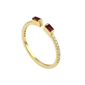 Natural Ruby Diamond Open Cuff Ring, Solid 18K Yellow Gold, Dainty Stackable Ring, Fine Jewelry Gift