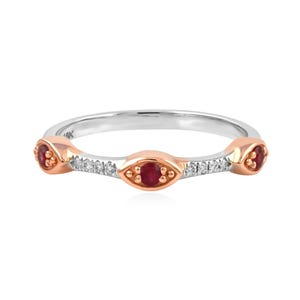 Bague bicolore en or rose et blanc 14 carats massif, sertie d'un rubis et d'un diamant véritables, avec œil protecteur.