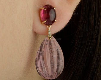 Cabochon Oval Pink Tourmaline Diamond Earrings, 18K Solid Gold Genuine Pink Tourmaline Dangle Earrings, Mother&#39;s Day Gift, Wedding Jewelry