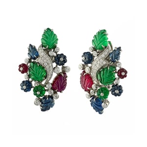 Bold Art Deco Tutti Frutti Stud Earrings, 925 Sterling Silver, Hydro Emerald Sapphire Ruby Leaf Earrings, Handmade Moissanite Earrings.