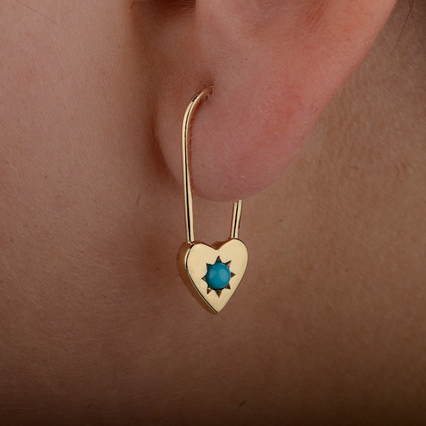 Heart Safety Pin Earrings/ Natural Sleeping Beauty Turquoise Earrings/ 14K Solid Gold Safety Pin/ Modern Earrings/ Valentines Gift For Her