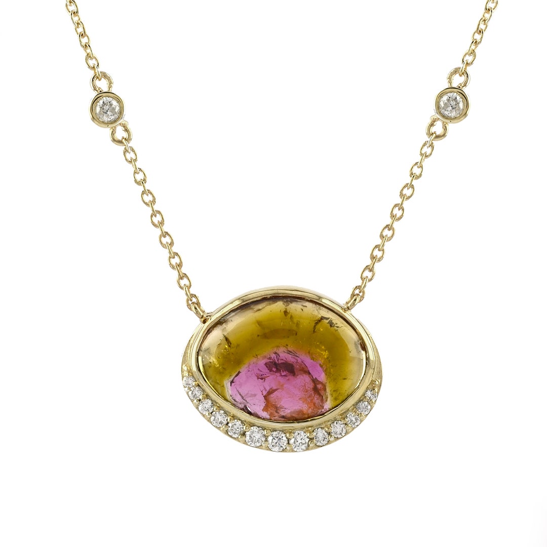 Station Choker Necklace/ Natural BI Color Watermelon Tourmaline Diamond