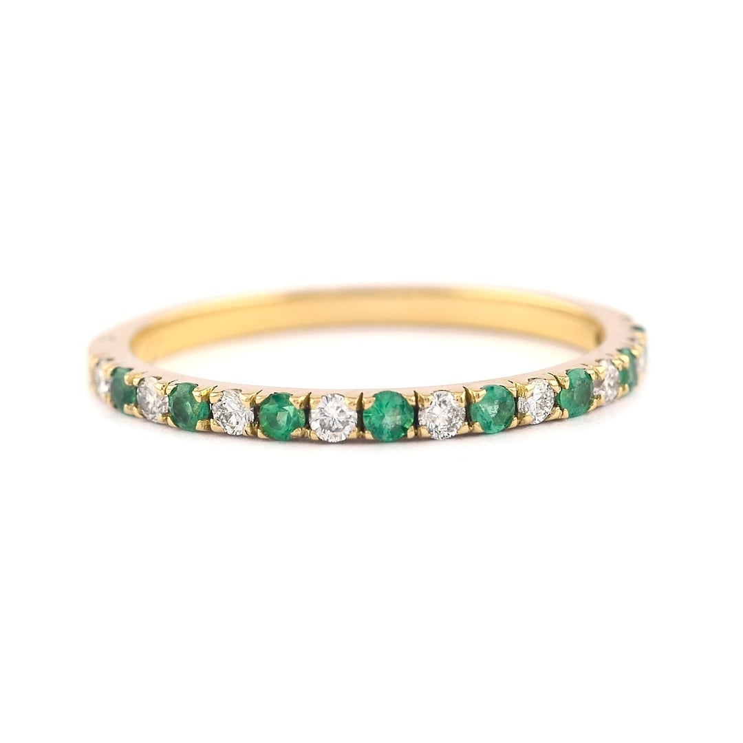 14K Solid Gold Emerald Diamond Eternity Band - May Birthstone Ring. - Etsy