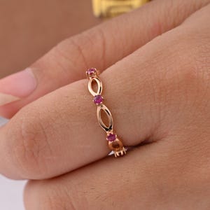 18K Rose Gold Ruby Infinity Ring, Stackable Anniversary Band, July Birthstone Ring