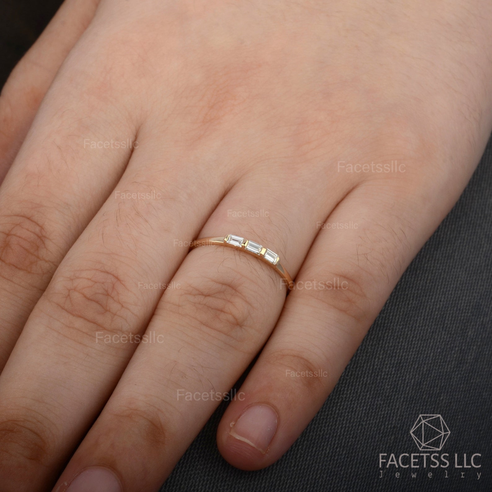 Triple Baguette Diamond Ring/ 14K Gold Genuine Diamond Wedding Band ...