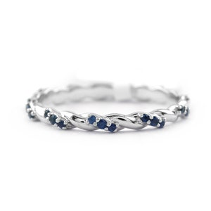 Natural Blue Sapphire Twist Ring, Solid 14k Gold Wedding Band, Stacking Gold Ring, Engraved Band for Her, Eternity Band Ring, Dainty Ring
