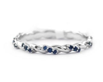 Natural Blue Sapphire Twist Ring: 14k Gold Stacking Wedding Band