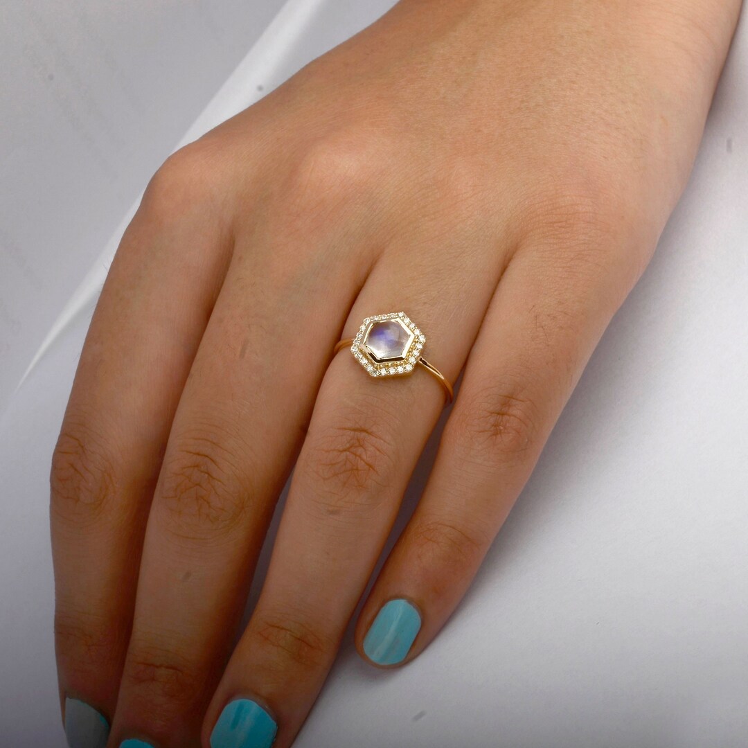 Hexagon Engagement Ring/ 18K Yellow Gold Genuine Moonstone Diamond Halo ...