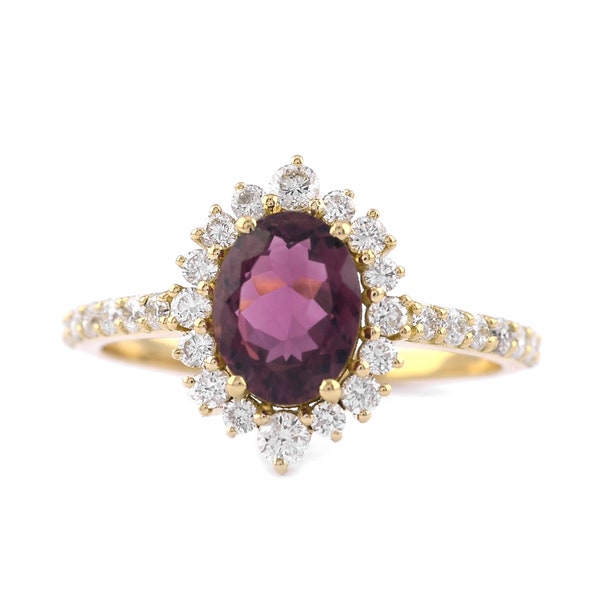Genuine Oval Cut Pink Tourmaline Ring With Surrounding Diamond/ 18K Gold Tourmaline and Diamond Ring/ Classic Unique Engagement Ring