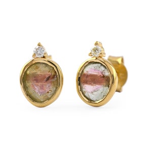 Boucles d&#39;oreilles en tourmaline bio couleur et diamants de couleur SI Clarity G H Boucles d&#39;oreilles en tourmaline pastèque en or massif 18 carats Cadeaux uniques pour la Saint-Valentin