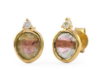 Bio Color Tourmaline Stud Earrings with SI Clarity G H Color Diamond Solid 18K Gold Watermelon Tourmaline Earrings Unique Valentine&#39;s Gifts