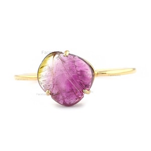 Art Deco Ring, Carving Natural Watermelon Tourmaline Gold Ring, Solid 14K Yellow Gold, Minimalist Handmade Ring, Women&#39;s Christmas Gifts.
