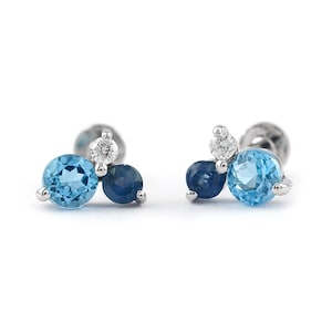 Trio Stud Earrings/ 14K Solid Gold Flat Back Earrings/ Blue Sapphire Studs/ Genuine Blue Topaz Diamond Tiny Stud Earrings/ Birthday Gift