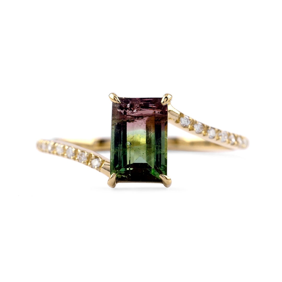 Watermelon Tourmaline 18K Gold Rectangular Ring