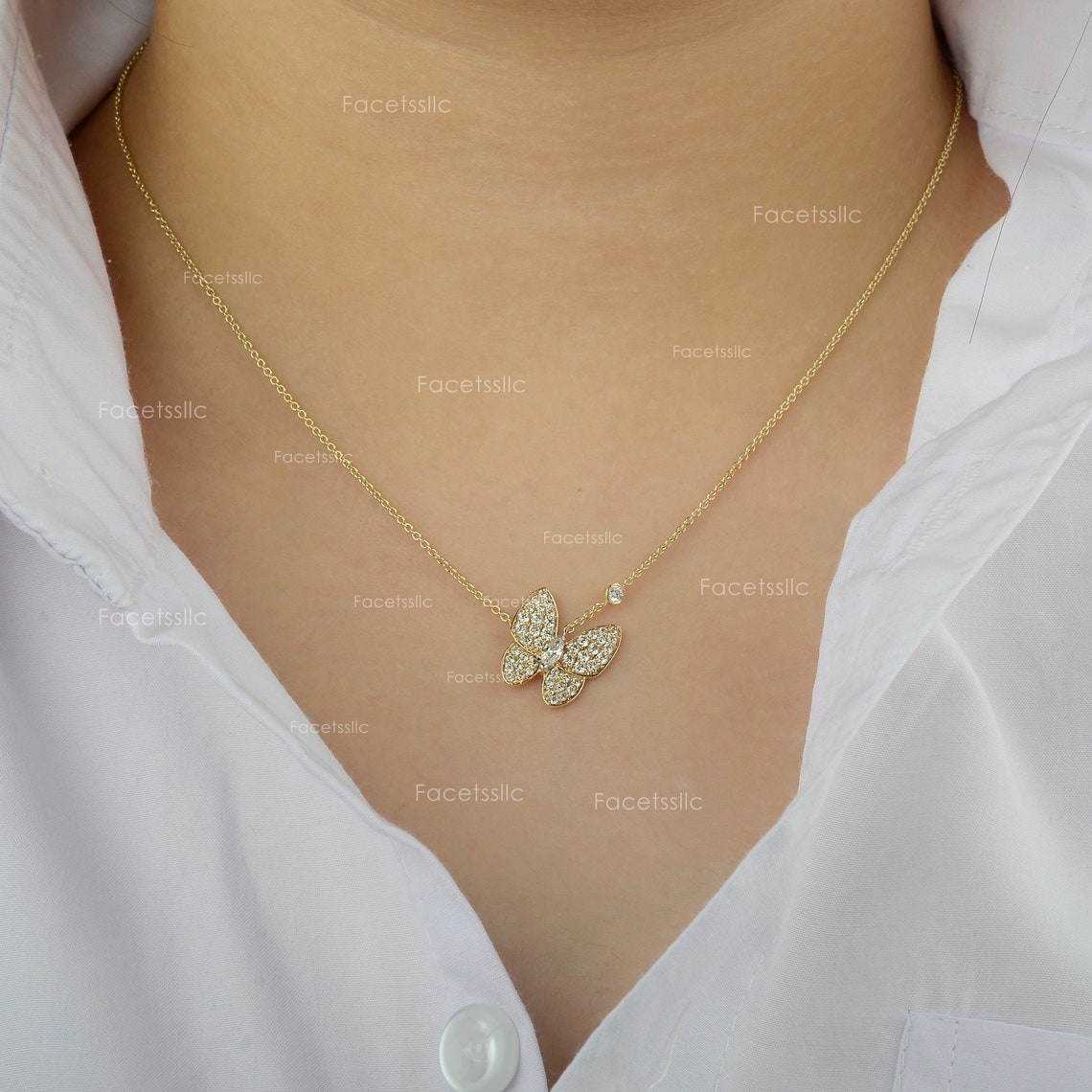 Marquise Diamond Necklace/ 14K Solid Gold Butterfly Charm/ Genuine