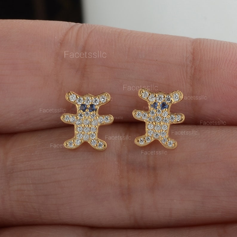 14K Solid Gold Studs/ Teddy Bear Stud Earrings/ Natural Blue Sapphire