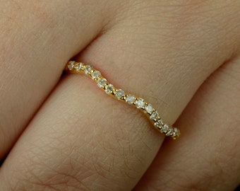 14K Gold Diamond Wave Ring: Genuine Eternity Stackable Band