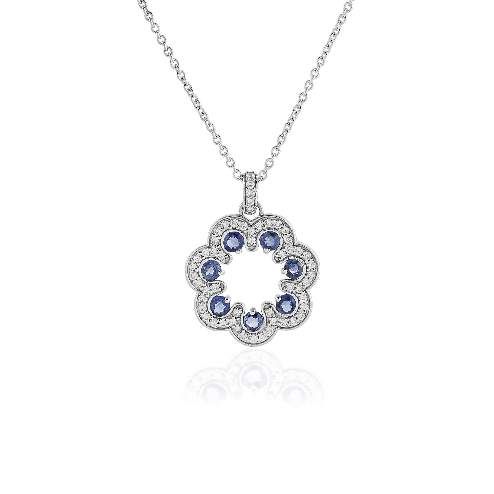 Blue Sapphire Diamond Circle Pendant: 18K White Gold Flower Necklace