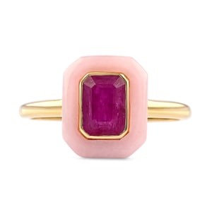 Solid 14K Gold Emerald Cut Ruby Ring: Pink Opal Minimalist Jewelry