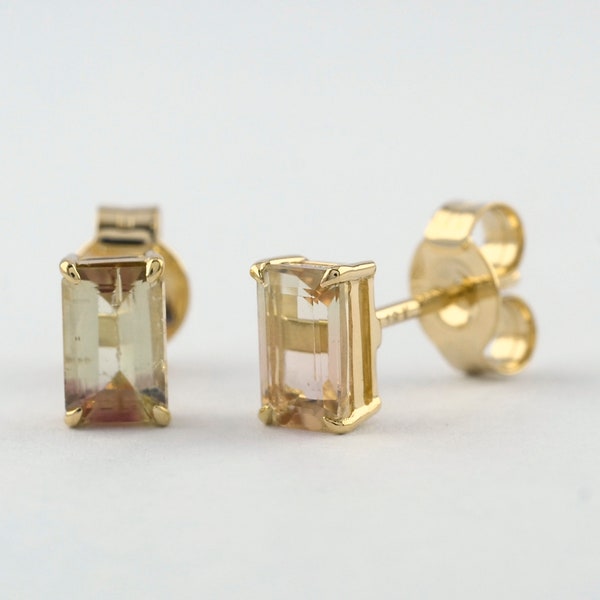 Puces d'oreilles en tourmaline taille émeraude/ Puces d'oreilles en tourmaline pastèque véritable/ Boucles d'oreilles en tourmaline multicolore en or massif 10K/14K/18K