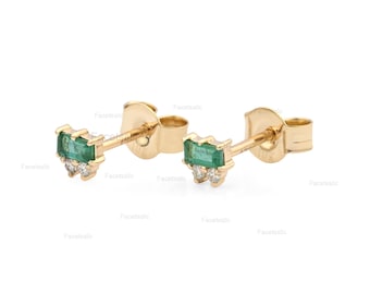 Zambian Emerald Gold Earrings: Solid 18K Diamond Studs, May Birthstone