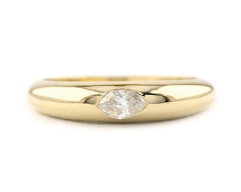 Flush Set Diamond Ring/ Genuine Marquise Diamond Ring/ 14K Solid Gold Dome Ring/ Solitaire Diamond Pinky Ring/ Chunky Gold Ring Women