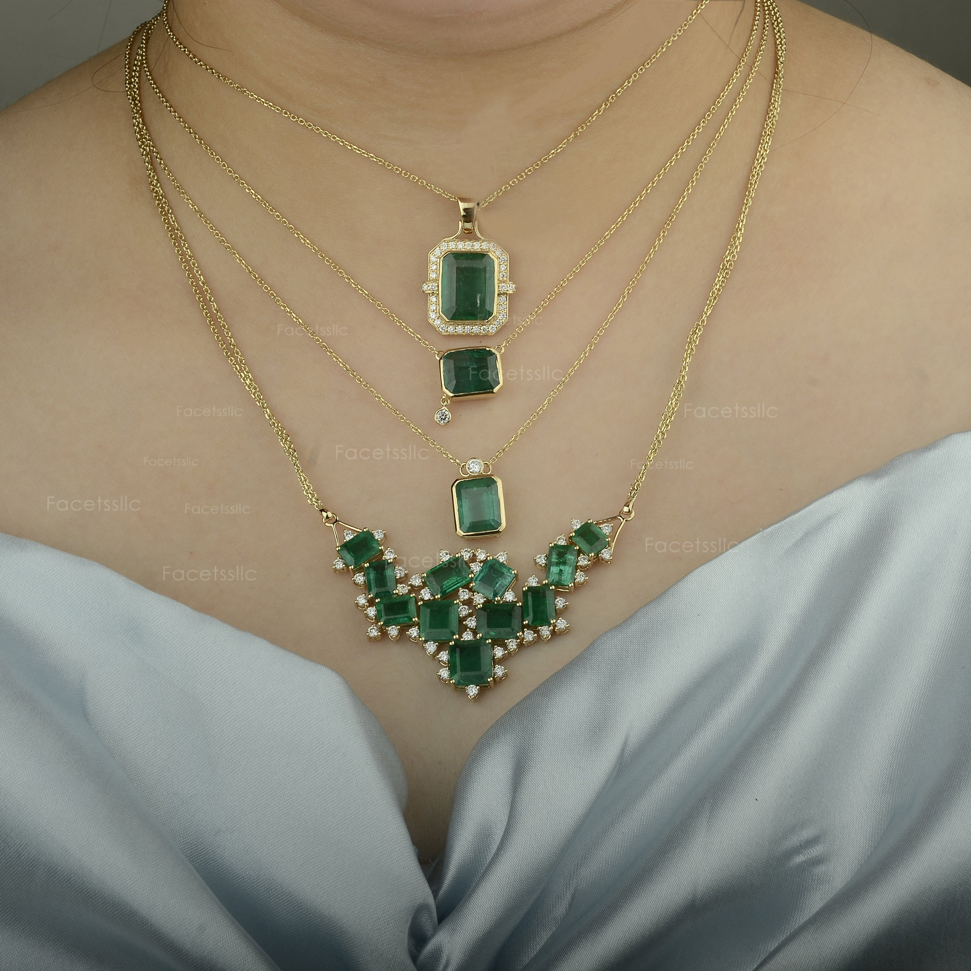 18K Gold Emerald Cut Emerald Necklace Diamond Accent Certified 18K Gold Emerald Cut Emerald Necklace Diamond Accent Certified
