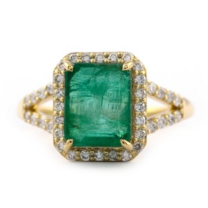 18K Gold Emerald Cut Zambian Emerald & Diamond Engagement Ring