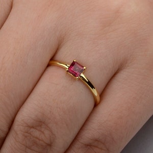 Genuine Ruby Ring/ 14K Gold Square Ruby Solitaire Ring/ Dainty Ruby Ring/ Minimal Gold Ring/ July Birthstone Ring/ Push Present for Wife