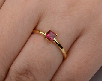 14K Gold Ruby Solitaire Ring: Dainty July Birthstone