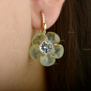 Aquamarine Earrings, Natural Prehnite Earrings, Solid 18K Yellow Gold Earrings, Handmade Jewelry, Dangle Earrings, Wedding Anniversary Gifts