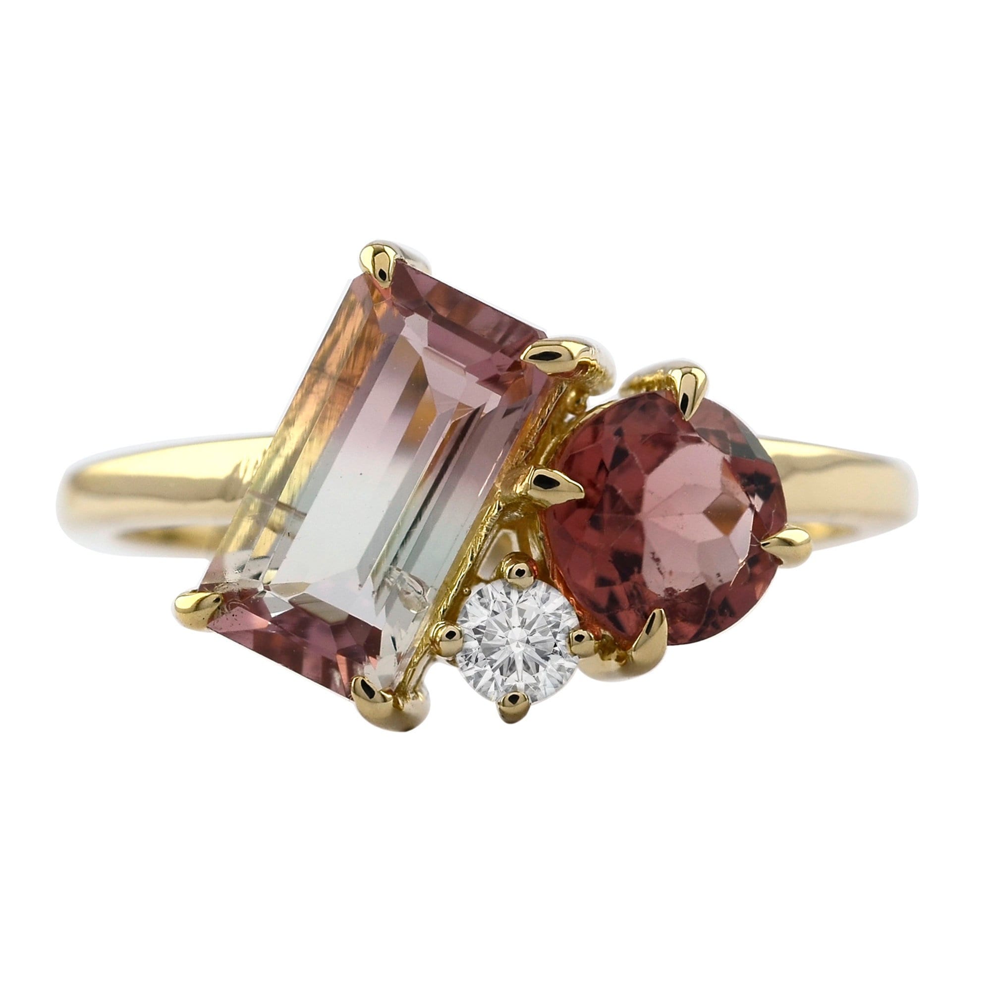 14K Gold Watermelon Tourmaline Cluster Ring: Three Stone Diamond Engagement Ring