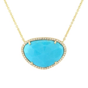 Solitaire Natural Turquoise Diamond Statement Necklace, Solid 18K Yellow Gold Necklace, December Birthstone Necklace, Valentine's Gifts.
