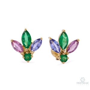 18K Gold Multi-Gemstone Floral Stud Earrings – Emerald, Tanzanite & Pink Sapphire – Colorful Birthstone Stud Earrings – Dainty Cluster Studs