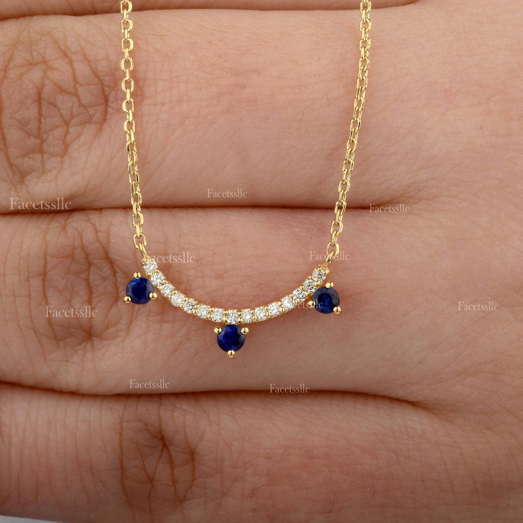 Blue Sapphire Diamond, 18K Solid Yellow Gold Necklace.
