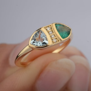 Personalized Birthstone Ring, 18K Solid Gold Aquamarine Emerald Ring, Genuine Diamond Pave Ring, Handcrafted Promise Ring, Valentines Gifts.