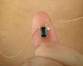 Green Tourmaline Diamond Necklace: 18K Solid Gold October Birthstone