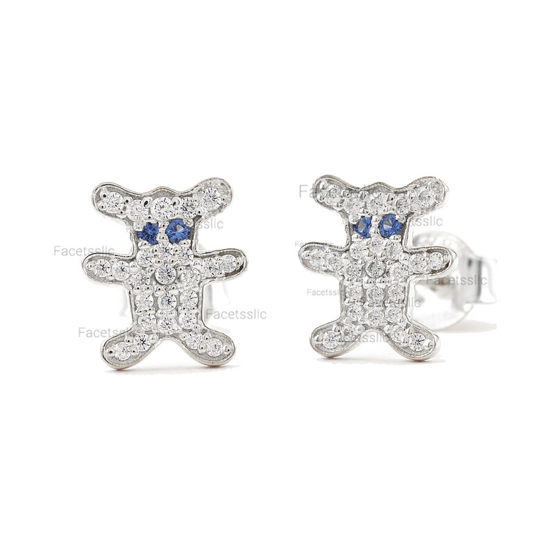 14K Solid Gold Studs/ Teddy Bear Stud Earrings/ Natural Blue Sapphire