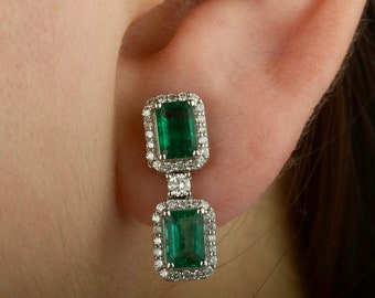 Zambian Emerald and Diamond Earrings: 18K White Gold Vintage Dangle