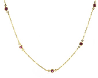 18K Gold Ruby and Diamond Station Necklace
