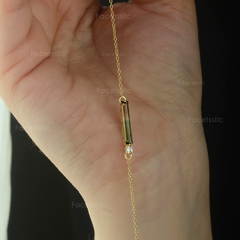 Large Baguette Biwatermelon Tourmaline Diamond Bracelet/ Solid 18K