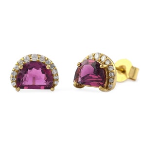 Pink Tourmaline Diamond Earrings: 14K Yellow Gold Half Moon Studs