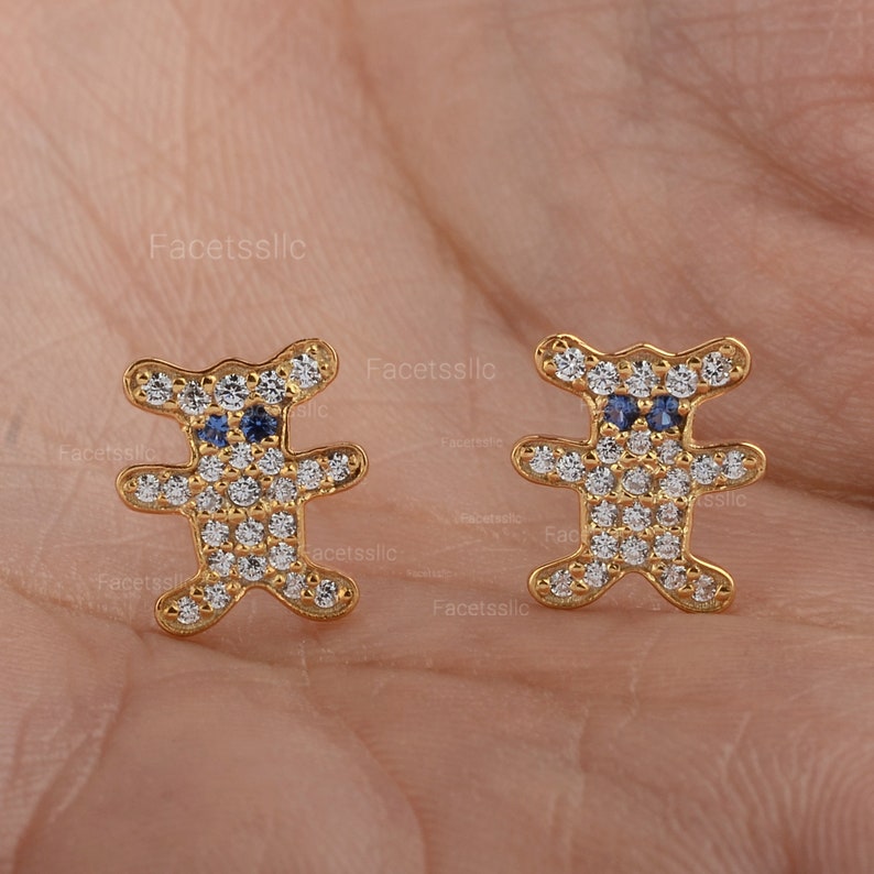 14K Solid Gold Studs/ Teddy Bear Stud Earrings/ Natural Blue Etsy