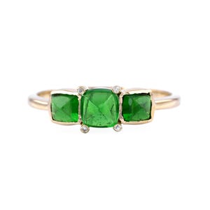 Zambian Emerald Statement Gold Ring, Solid 18K Yellow Gold Ring, Natural Diamond Gold Ring, Handmade Jewelry Three Stone Ring, Birthday Gift